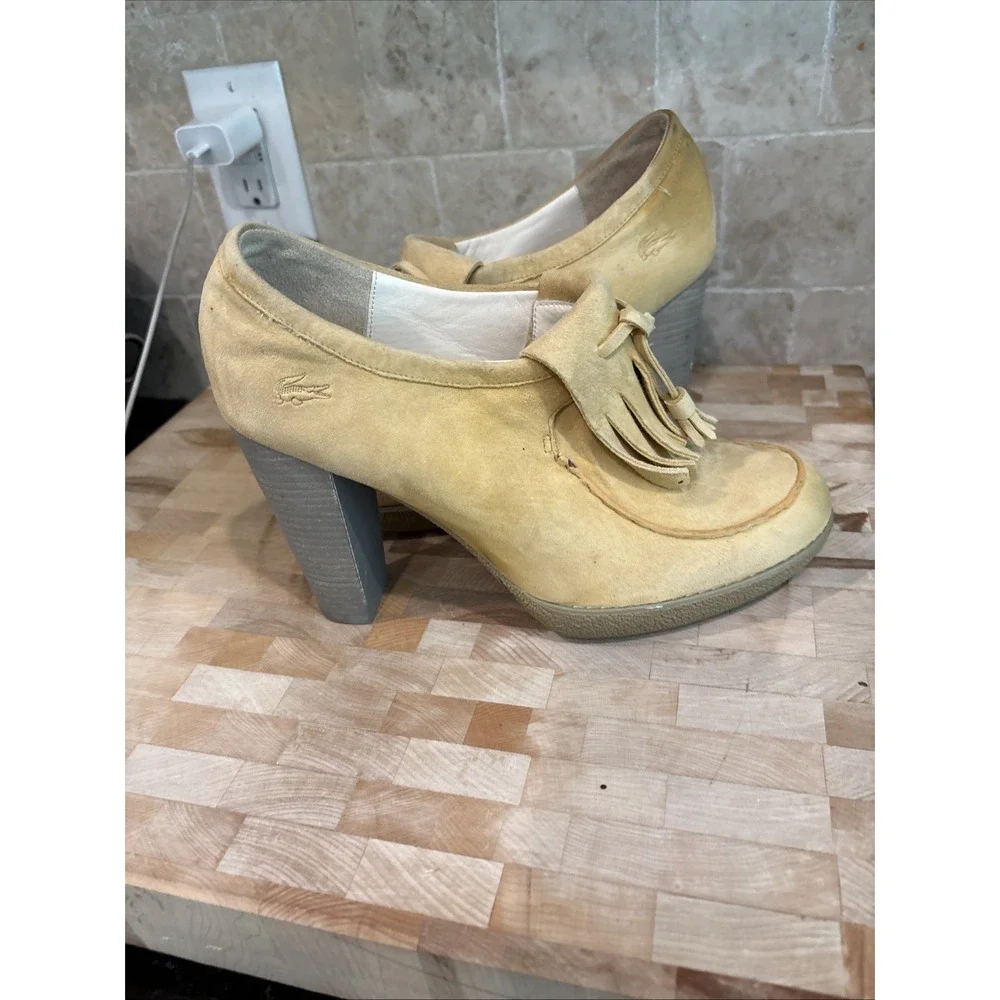 LACOSTE Paris Lahila Chunky Heels Pumps Camel Brown suede platform Y2k 9.5